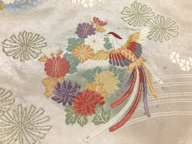 JAPANESE KIMONO / ANTIQUE NAGOYA OBI / WOVEN BUTTERFLY & BIRD WITH FLOWER